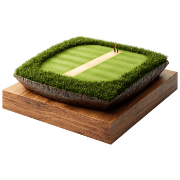 Miniature cricket pitch on wooden base green grass wicket stumps png
