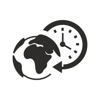 globe with clock icon, time zone, world timer or watch, flat illustration vector