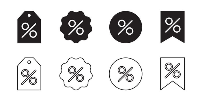 Set of discount icons in solid and outline styles. Percentage symbols in various label shapes for promotion, sale, and marketing design. illustration on white background. vector
