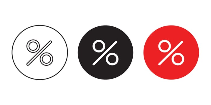 Set of discount percentage icons in badge shape. Includes outline, black solid, and red color styles. Perfect for sale labels, promotion banners, and marketing design. vector