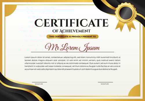 Modern Certificate of Achievement Template with a Prominent Gold Seal and Black Ribbons vector