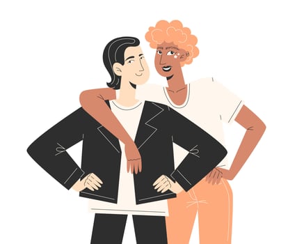 Two Young Stylish Men Embracing LGBT Self Expression Fashion and Identity Flat Style Illustration Celebrating Love and Diversity vector