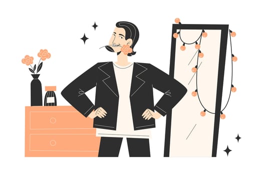 Young man dressing up in front of mirror before date LGBT self expression and fashion flat style illustration vector