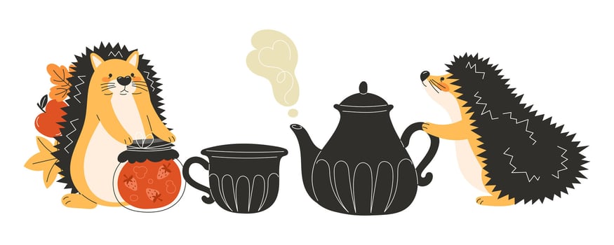 Hedgehogs having tea and snacks vector