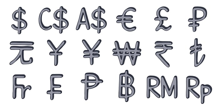 Hand drawn currency symbol set Dollar euro pound ruble yuan yen won rupee lira franc peseta baht ringgit rupiah doodle payment vector