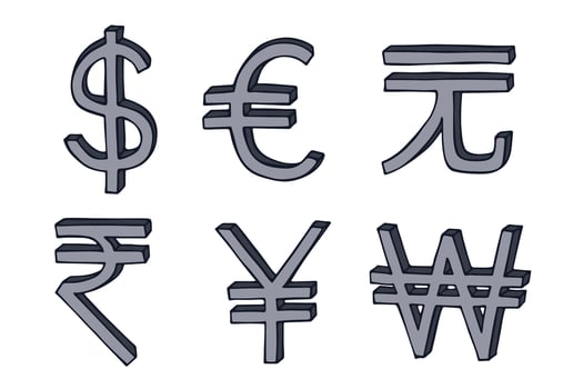 doodle finance Hand drawn multiple currencies symbol set Dollar euro yuan yen won rupee vector