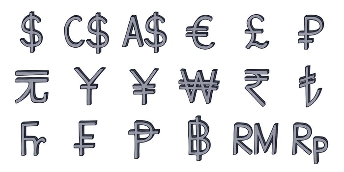 Hand drawn currency symbol set Dollar euro pound ruble yuan yen won rupee lira franc peseta baht ringgit rupiah doodle finance vector