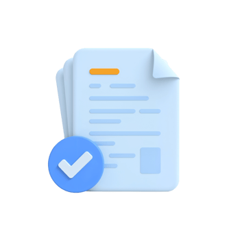 Completed document approval confirmation, 3D rendering of paperwork with validation mark on a png