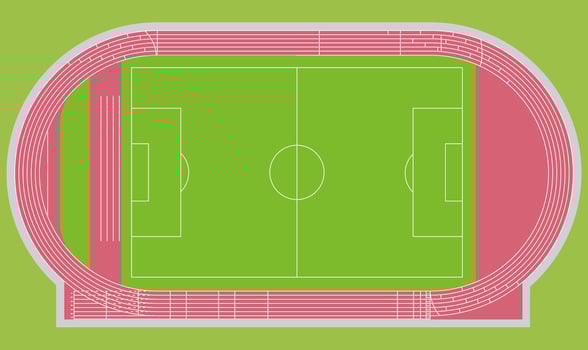 Top view illustration of a football field with surrounding running track, stadium layout in green and red colors. vector