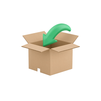 Dimensional green arrow pointing inside a brown cardboard box on transparent screen delivering png