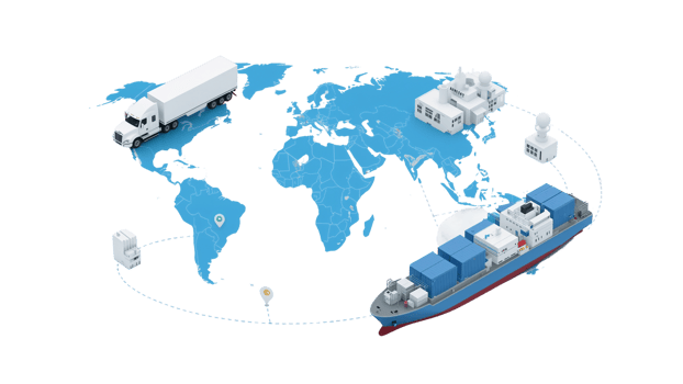Global logistics network illustrating supply chain connectivity with transportation modes png