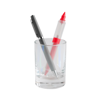 Pens and a marker gracefully standing within a transparent glass holder presentation png
