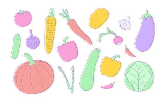 Set of hand drawn vegetables. Vegetable line icons in bright colors vector