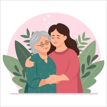 Mother's Day. Happy young woman hugging her old mother with love. Mother and daughter. Portrait of young woman hugging her grandma. Friendly family relationship. flat illustration vector
