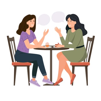 Pretty Girls Sitting in Cafe Chatting, Telling Gossip and News to Each Other. Girlfriends Meeting and Relaxed Spare Time. Coffee Break. Speech bubbles. Illustration vector