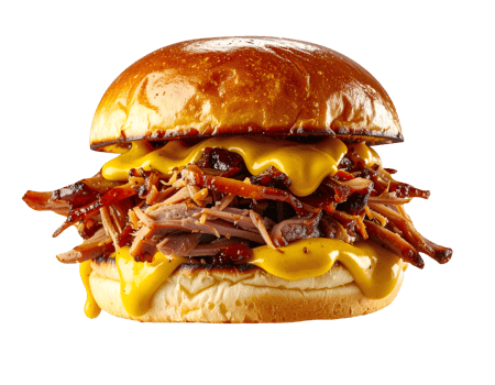Pulled pork burger with melted cheese and barbecue sauce, shredded meat on brioche bun on isolated background png