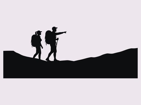 Silhouette of Two Hikers with Backpacks on Mountain Trail Showing Outdoor Exploration and Adventure vector