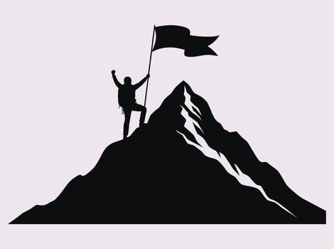 Mountain Climber Silhouette on Peak with Flag for Adventure Achievement and Outdoor Exploration vector