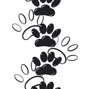 Vertical seamless border made of paw prints of animals, dogs and cats. All objects are hand-drawn in ink. The illustration is suitable for printing on fabric, paper, product packaging vector