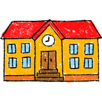 Childlike Crayon Drawing of a School Building with Red Roof and Yellow Walls, children drawing png