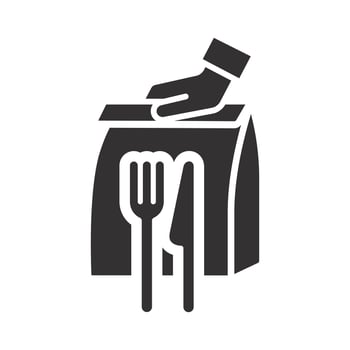 man holding paper bag with eat icon, home delivery food, courier with paper bag, hand order giving, flat illustration vector