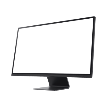 Sleek black monitor stands alone on a minimalistic desk against a transparent backdrop, emphasizing modern design and technology png