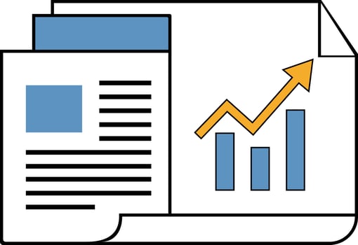 Illustration of two documents, one with text and a blue square, the other with a blue bar graph and an upward-pointing yellow arrow. vector