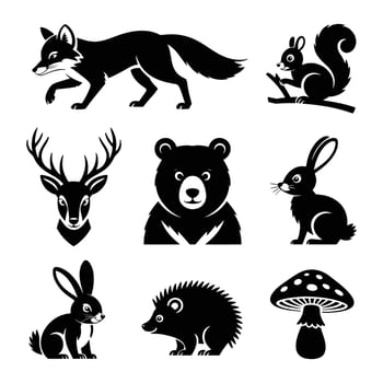 Black silhouette forest animals and mushroom squirrel deer vector