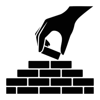 Hand placing brick on wall construction building vector