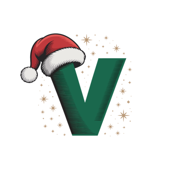 A large, green letter V is topped with a red and white Santa hat, surrounded by festive star motifs. png