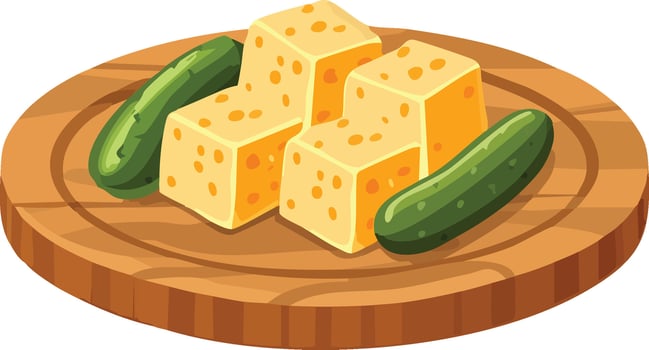 cheese cubes and pickles on a wooden cutting board. cartoon appetizer snack illustration. vector