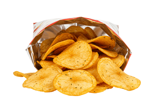 Crispy yellow snack chips in open bag on transparent background png