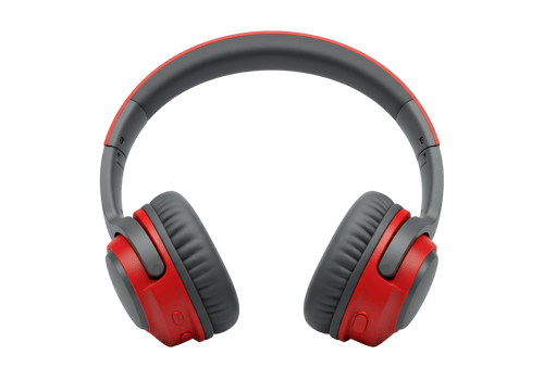 Stylish over ear headphones with bold red and grey design png