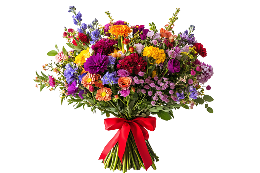 Bright Flower Arrangement with Red Bow, Transparent png