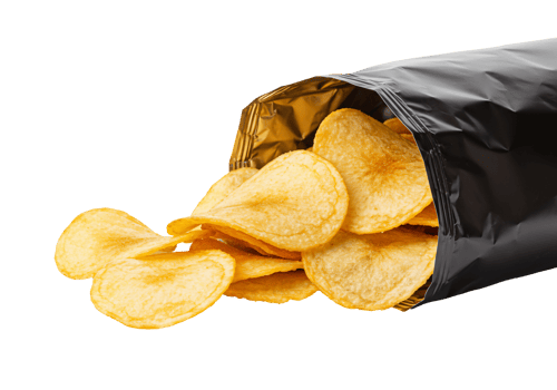 Aesthetic close up of crispy potato chips in black bag png