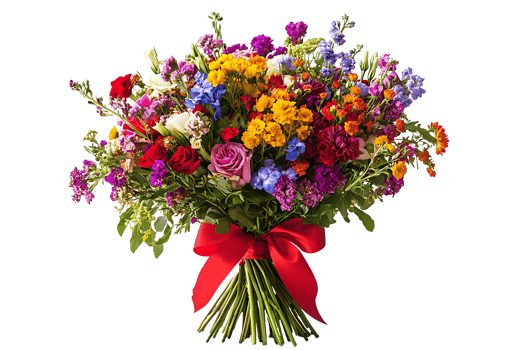 Mixed Flower Posy with Red Ribbon on Clear Background png