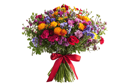 Vibrant Floral Arrangement with Red Ribbon Cutout on Transparent png