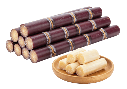 Sugarcane stalks and slices on a wooden plate png