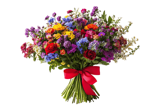 Festive Mixed Blooms with Red Ribbon on Transparent Background png