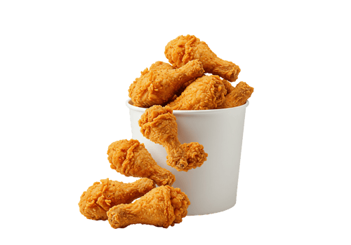 Crispy fried chicken drumsticks in white bucket and surroundings png