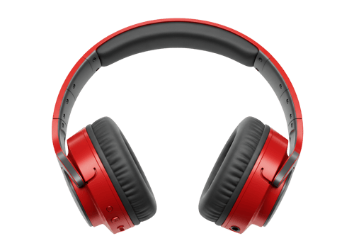 Modern red wireless headphones with comfortable ear cushions for audio listening png