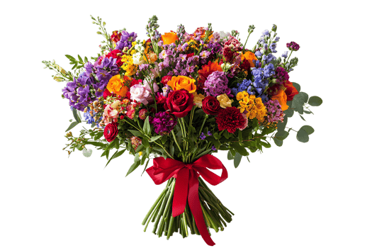 Bright Floral Bouquet Tied with Red Ribbon Transparent png