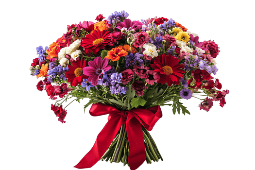 Vibrant Mixed Flower Bouquet with Red Ribbon on Transparent png