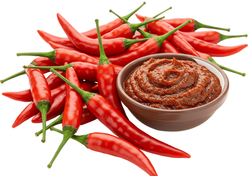 Fresh red chilies with spicy sauce in bowl for culinary dishes png