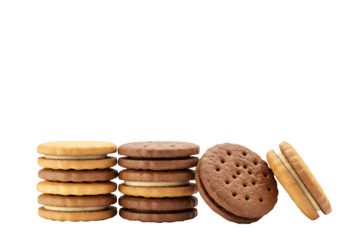 Assorted chocolate and vanilla sandwich cookies stacked on transparent background png