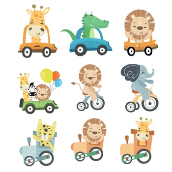 Animals in cars and tricycles illustration vector