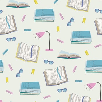 Back to school background. Cute ornament with textbooks, notebook, lamp, glasses. Children's school elements seamless pattern. Flat design hand drawn illustration. vector