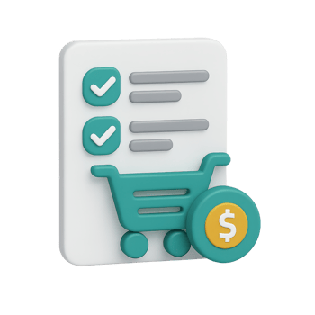 A 3D-style icon of a smart shopping list icon with checklist, shopping cart, and coin symbol png