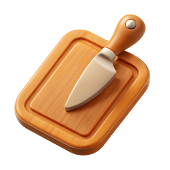 A chopping board icon with knife, wooden texture and silver blade png