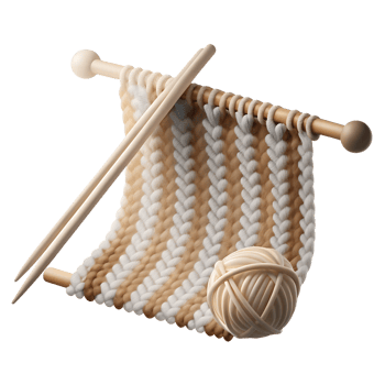 Knitting needles with yarn ball icon, soft wool textures in pastel colors, over a cozy textile background png